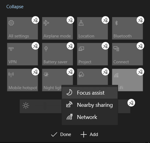 Add focus assist to action center