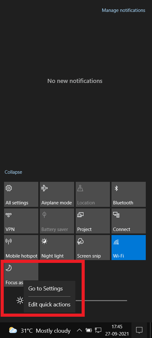 Go to focus assist settings on Windows 10