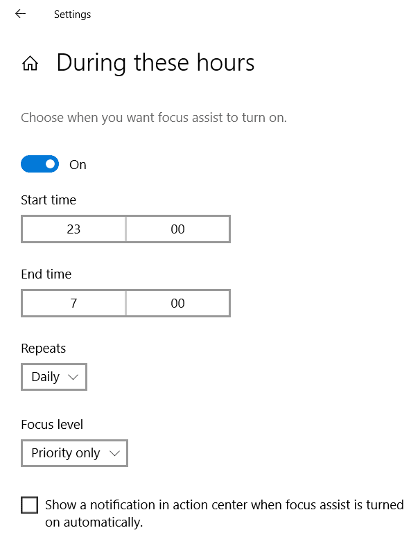 Set quiet hours on windows 10 focus assist