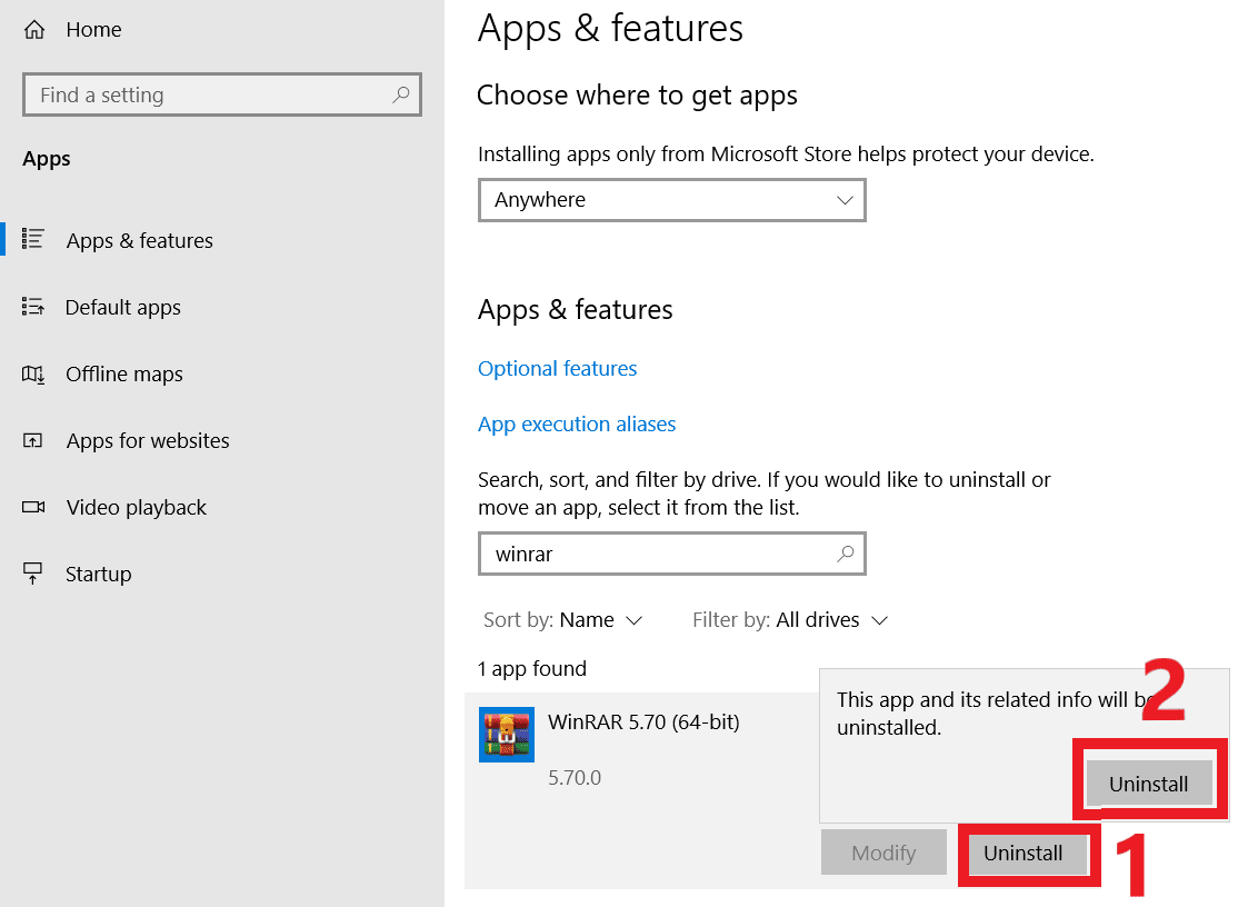 Uninstall-winrar-application-windows-10